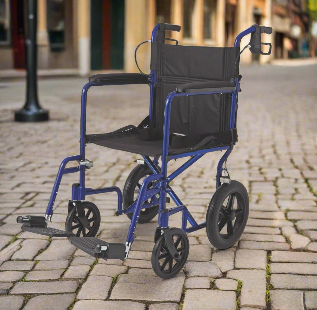 Medline Basic Aluminum Transport Chair with 12" Wheels Blue MDS808210 ABE - Save On Medical