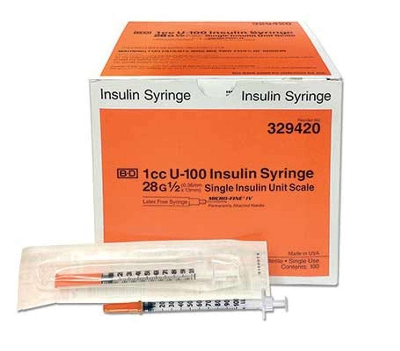 BBD 329420 Microfine Insulin Syringe 1ML 28G x 0.5” Box/100 orange