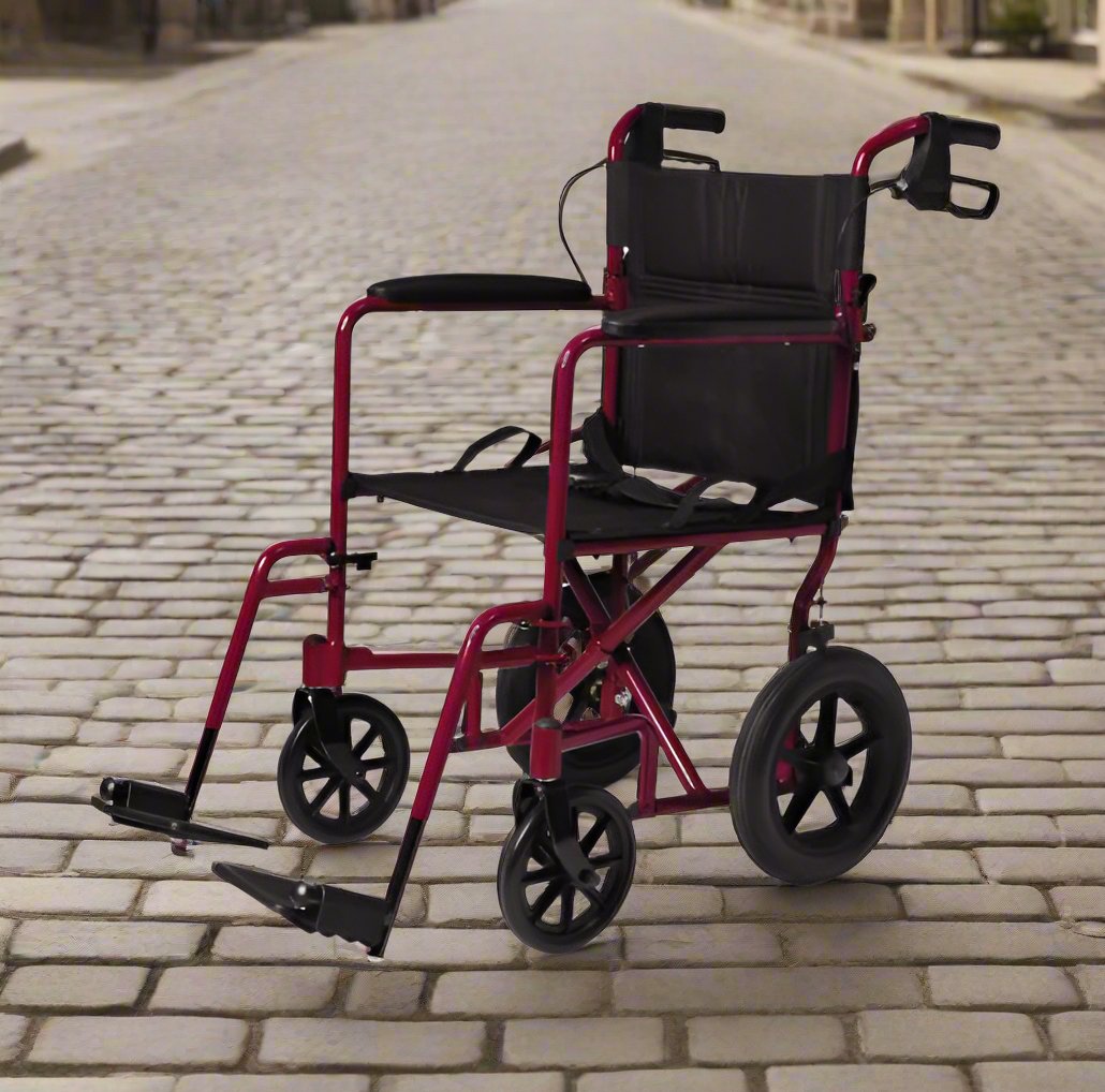 Transport Chair, Aluminium, Basic 12" (30.5 cm) Wheels, Red MDS808210A RE - Save On Medical