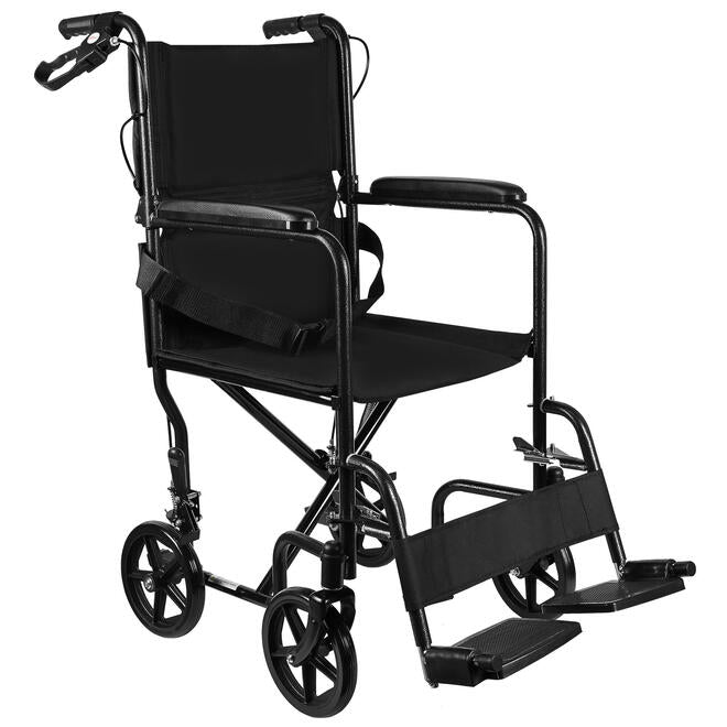 Foldable Transport Wheelchair Upgrade Steel with Hand Brakes and 8" PVC Rear Wheel
