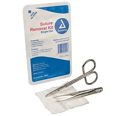 EA/1 SUTURE REMOVAL KIT STERILE PLASTIC TRAY W/ 1 LITTAUER SCISSORS, GAUZE SPONGE & 4" METAL FORCEPS (4521) - Save On Medical