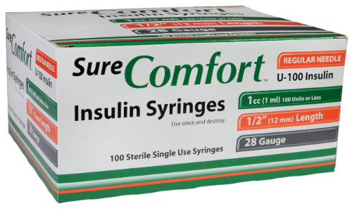 Sure Comfort Insulin Syringes 28G, 1/2in, 1cc- Bx 100