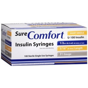 SURE COMFORT INSULIN SYRINGE, 31G, 5/16IN (8MM), 1/2CC BX/100