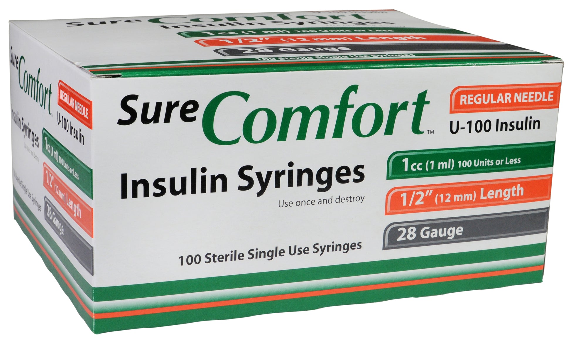 Sure Comfort Insulin Syringes 28G, 1/2in, 1cc - Box of 100