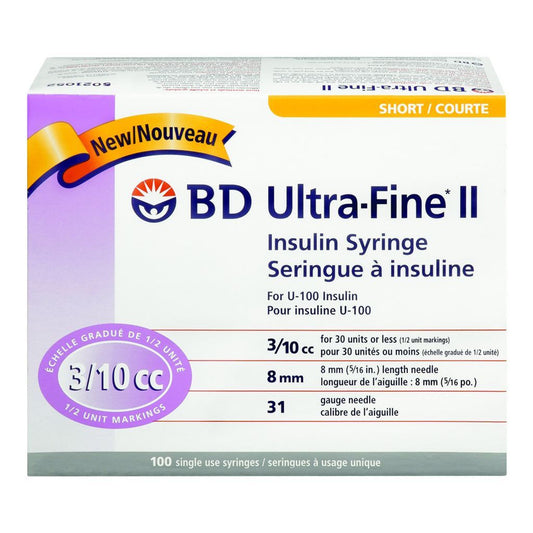 PK/100 INSULIN SYRINGE W/ ULTRA-FINE II NEEDLE 31G x 5/16" (8mm) 0.3ml SHORT SELF-CONTAINED FOR U-100 INSULIN STERILE LATEX-FREE DISPOSABLE - Save On Medical