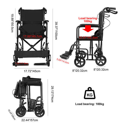 Foldable Transport Wheelchair Upgrade Steel with Hand Brakes and 8" PVC Rear Wheel