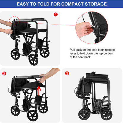 Foldable Transport Wheelchair Upgrade Steel with Hand Brakes and 8" PVC Rear Wheel