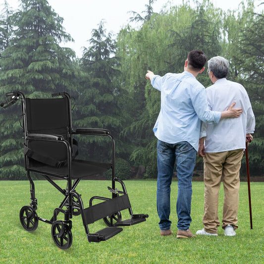 Foldable Transport Wheelchair Upgrade Steel with Hand Brakes and 8" PVC Rear Wheel