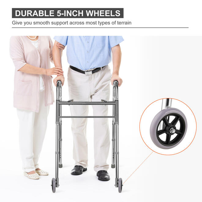 Lightweight Aluminum Folding Walker with 5" PVC Wheels for The Elderly, Load 136kg