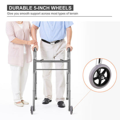 Lightweight Aluminum Folding Walker with 5" PVC Wheels for The Elderly, Load 136kg