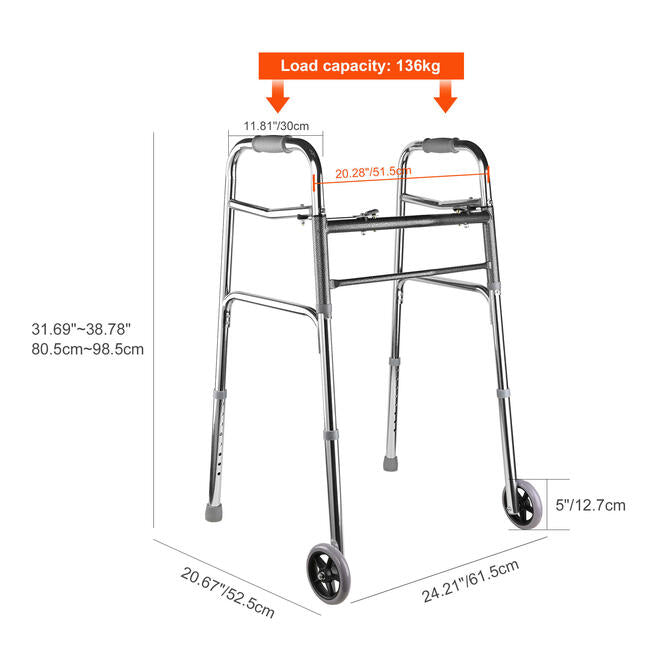 Lightweight Aluminum Folding Walker with 5" PVC Wheels for The Elderly, Load 136kg