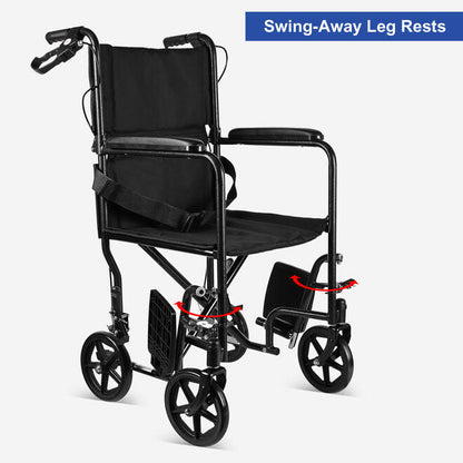 Foldable Transport Wheelchair Upgrade Steel with Hand Brakes and 8" PVC Rear Wheel