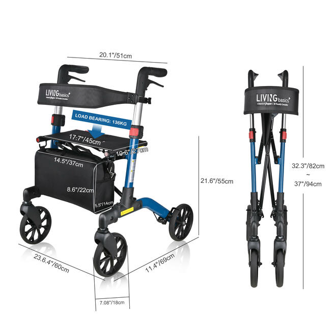Folding Aluminum Rollator Walker for Seniors and Adults with 7'' Wheels