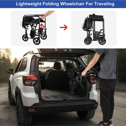 Foldable Transport Wheelchair Upgrade Steel with Hand Brakes and 8" PVC Rear Wheel